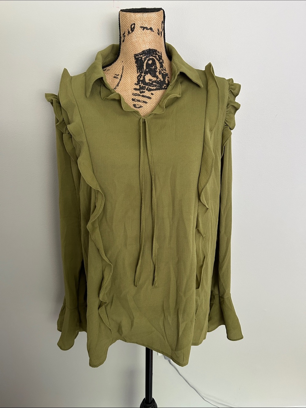 Olive Green Ruffle-Trim Women's Blouse with Tie Neck